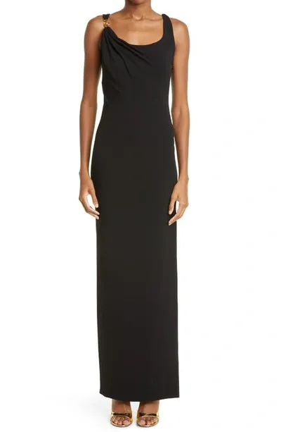 Versace Medusa La Greca Draped Jersey Gown In Black