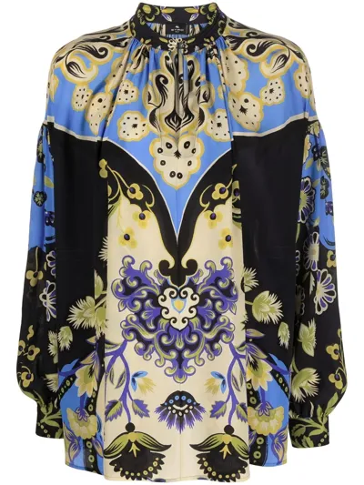 Etro Ornamental Print Silk Blouse In Black