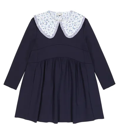 Il Gufo Kids' Floral Cotton-blend Dress In Navy Blue/royal Blue