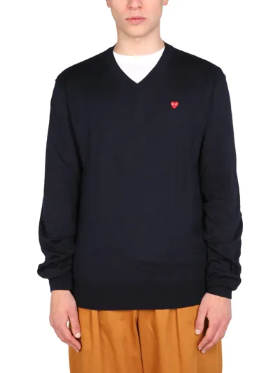 Comme Des Garçons Play Logo Patch Jersey In Blue