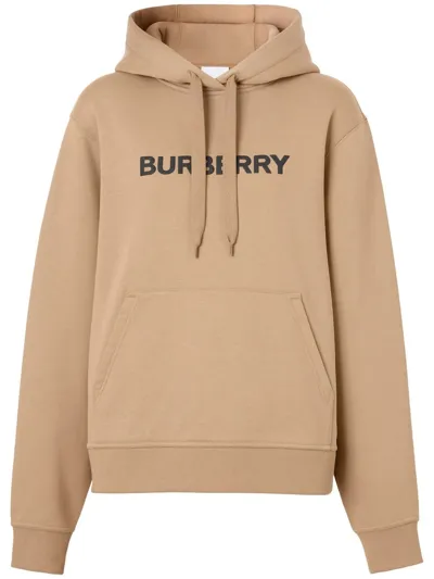 Burberry Logo Print Drawstring Hoodie In Neutrals