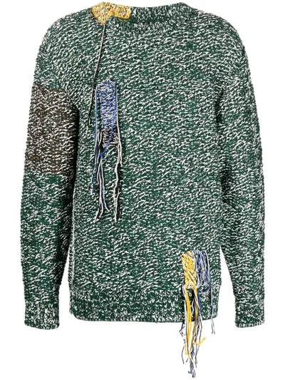 Oamc Astral Fringed Woven Wool-blend Jumper In Green