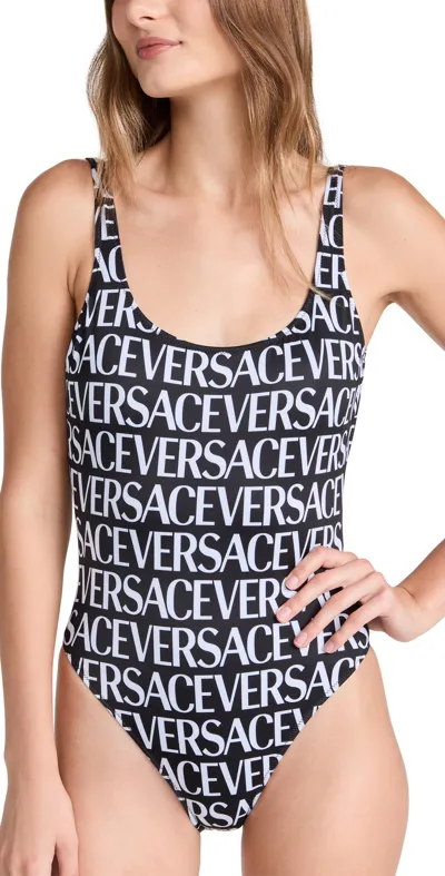 Versace Black And White All-over Logo Print Swimsuit In Black White