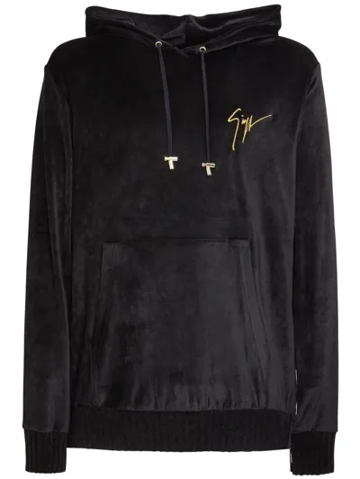 Giuseppe Zanotti Embroidered-logo Velvet Hoodie In Black