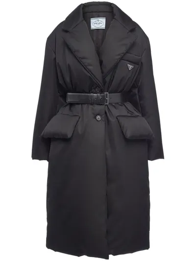 Prada Re-nylon Belted Padded Coat In Schwarz