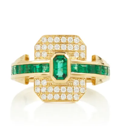 Rainbow K Shield 18kt Gold Ring With Diamonds And Emeralds In 0