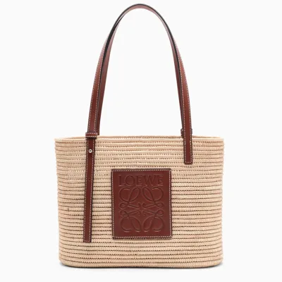 Loewe Small Square Basket Bag In Raffia And Calfskin In Beige