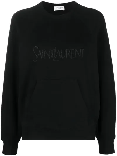 Saint Laurent Embroidered Logo Crew-neck Sweatshirt In Noir Brillant