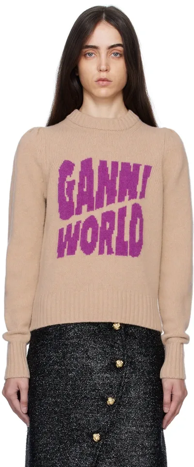 Ganni Neutral Logo Intarsia Sweater In Beige