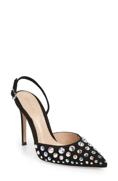 Gianvito Rossi Spectra 105 Slingback Pumps In Suede Leather In Black Crystal