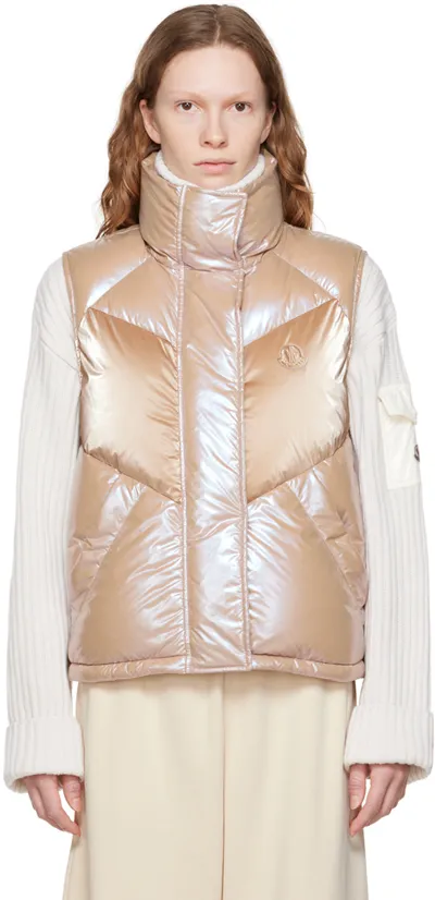 Moncler Faucille Quilted Metallic Shell Down Vest In Tan