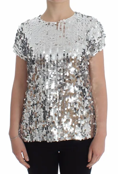 Dolce & Gabbana Silver Sequined Crewneck Blouse T-shirt Top