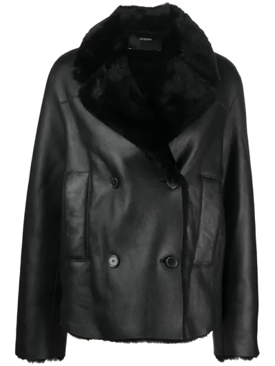 Joseph Calla Shearling Leather Peacoat In Black