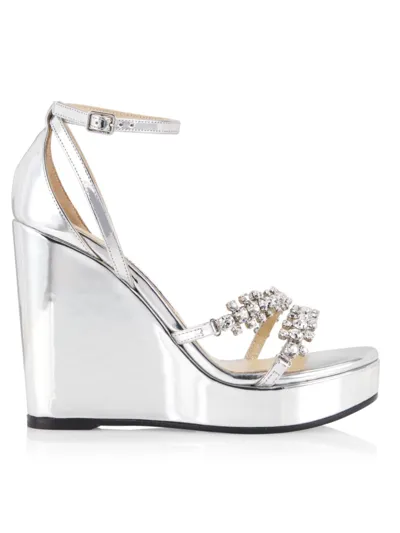 Jimmy Choo Bing Embellished Metallic Leather Ankle-strap Wedge Sandals In Silver Crystal