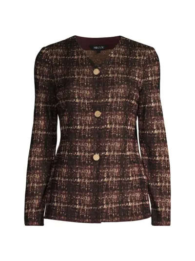 Misook Plaid Button-front Knit Jacket In Mahogany Black