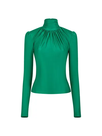 Rabanne Ruched Stretch-satin Turtleneck Top In Emerald