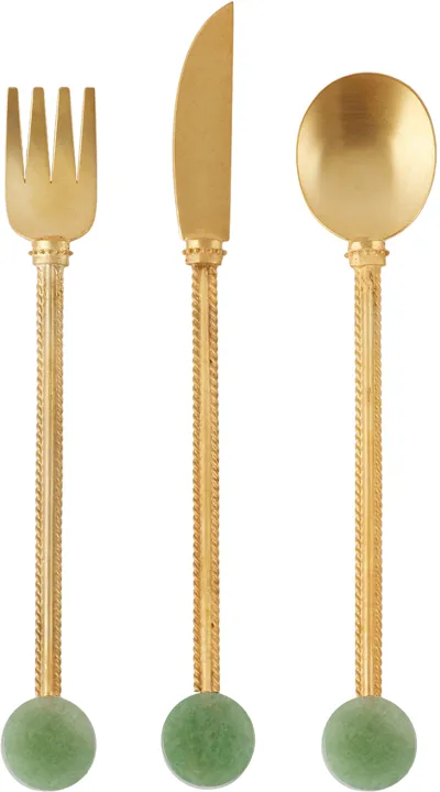 Natalia Criado Gold Stone Cutlery Set In Green Quartz