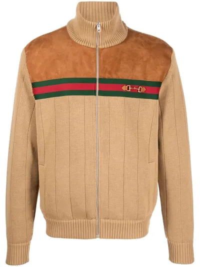 Gucci Webbing-trimmed Suede-panelled Wool Bomber Jacket In Brown