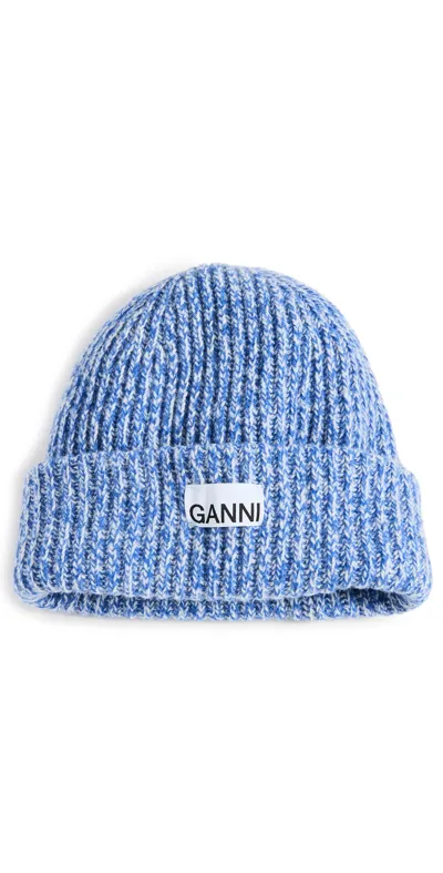 Ganni Structured Rib Wool Blend Beanie In Blue