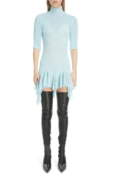 Givenchy Ribbed Ruffle Hem Turtleneck Minidress In Blue