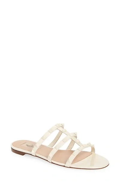 Valentino Garavani Rockstud Caged Calfskin Flat Sandals In White