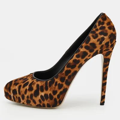 Pre-owned Le Silla Brown Leopard Print Calf Hair Platform Pumps Size 38