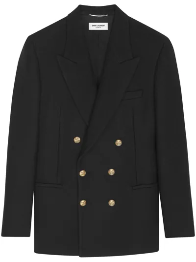 Saint Laurent Slim-fit Double-breasted Camel Hair-blend Blazer In Noir