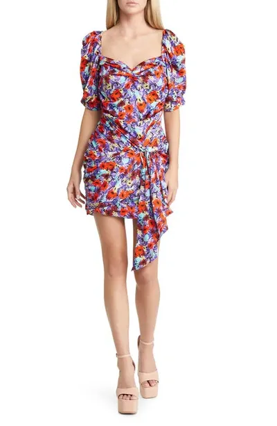 For Love & Lemons Chiara Floral Print Puff Sleeve Minidress In Purple