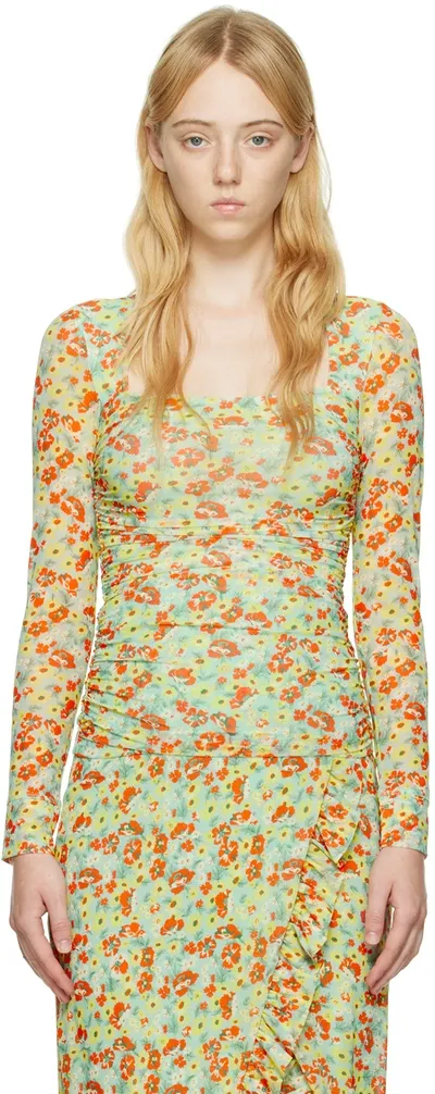 Ganni Long Sleeve Printed Mesh Blouse In Meadow Celadon Green In Green,yellow,red