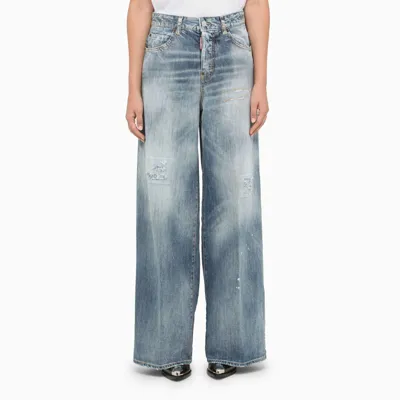 Dsquared2 Traveler Washed Cotton Denim Wide Jeans In Blue