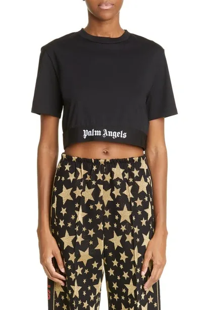 Palm Angels Cropped Logo-trimmed Stretch-cotton Jersey Top In Black White