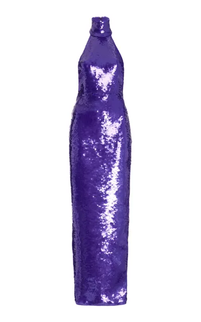 Laquan Smith Mock-neck Sequin Open-back Column Gown In Grape