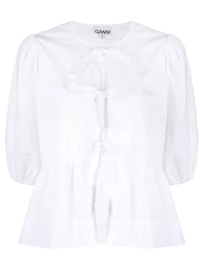 Ganni Tie-front Puff-sleeve Organic-cotton Blouse In White