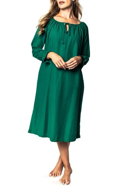 Petite Plume Tie Neck Flannel Nightgown In Green