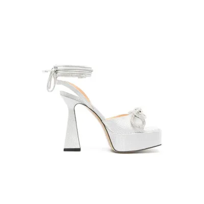 Mach & Mach Silver Double Bow 140 Crystal Leather Sandals In White