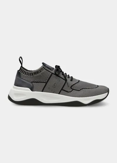 Berluti Shadow Leather-trimmed Stretch-knit Sneakers In Grey