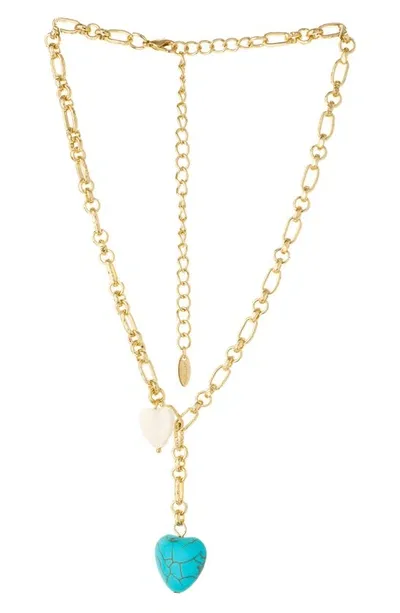 Ettika Turquoise And Pearl Heart 18k Gold Plated Linked Chain Lariat In Gold-plated