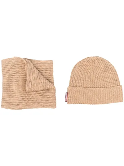 Dsquared2 Knitted Beanie Hat And Scarf Set In Neutrals