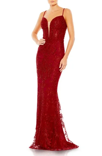 Mac Duggal Beaded Column Gown In Red