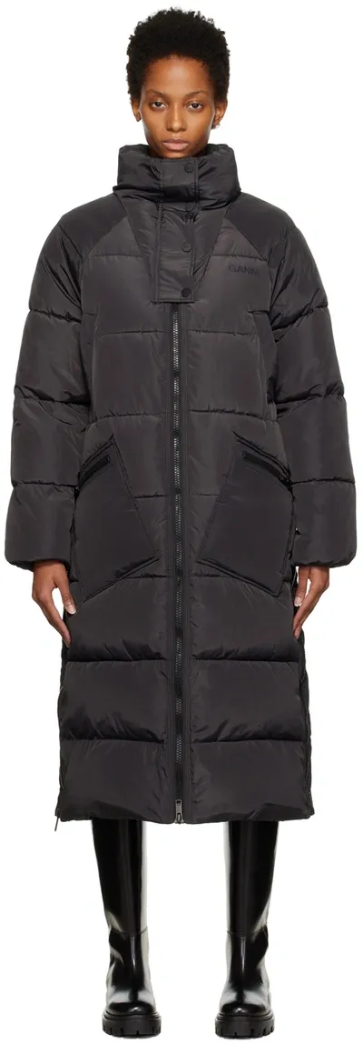 Ganni Black Tech Puff Insulated Coat In Phantom