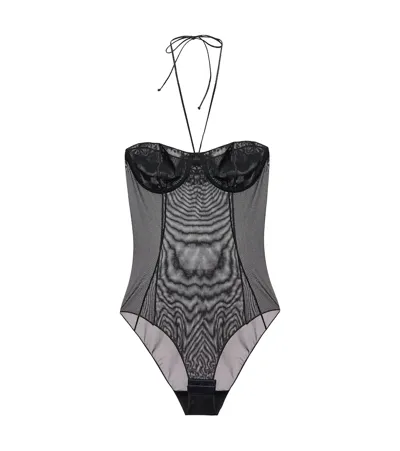 Oseree Halterneck Mesh Bodysuit In Black