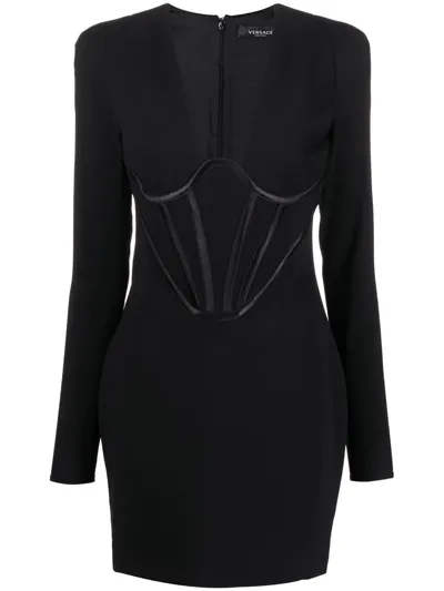 Versace Silk Satin-trimmed Crepe Mini Dress In Black