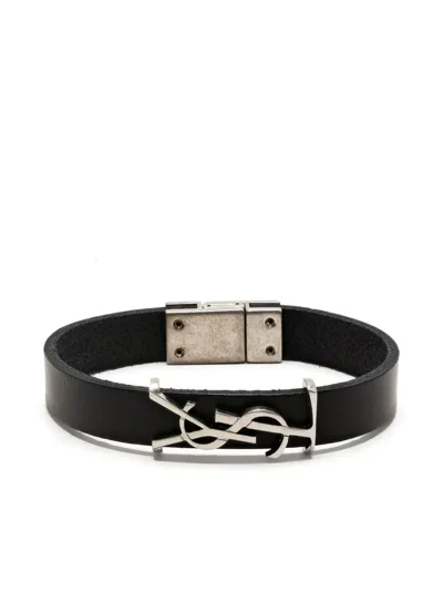 Saint Laurent Leather Logo-plaque Bracelet In Black/silver