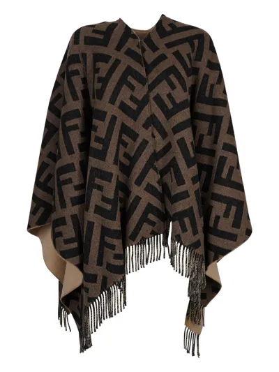 Fendi Poncho Logo In Brown