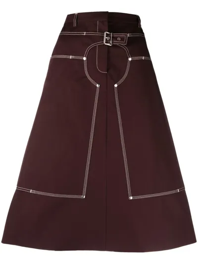 Stella Mccartney Buckle-embellished Topstitched Cotton Midi Skirt In Brown