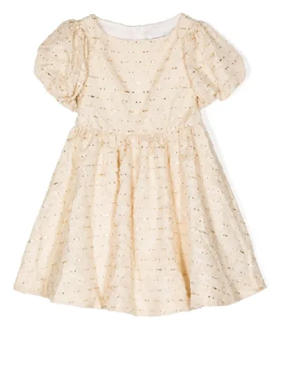 Tartine Et Chocolat Kids' Metallic-ribbon Puff-sleeve Dress In Yellow