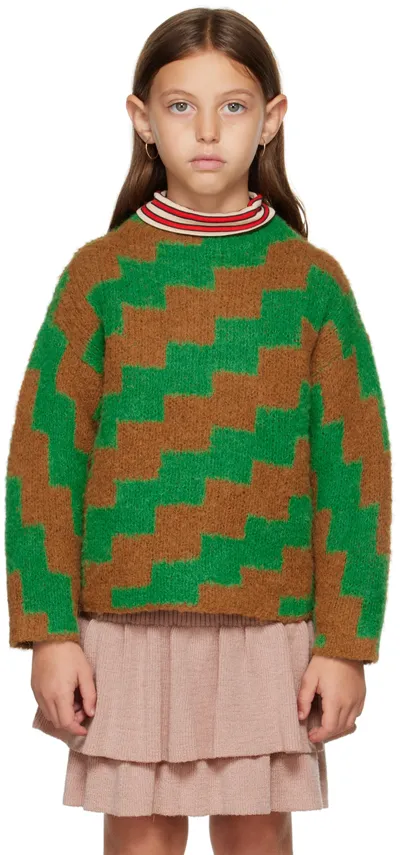 Misha And Puff Kids Brown & Green Jacquard Sweater In Bottle Green Ziggy 3