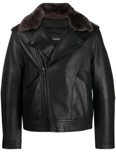 Yves Salomon Fur-collar Leather Biker Jacket In Noir