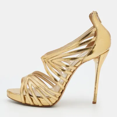 Pre-owned Oscar De La Renta Metallic Gold Leather Ankle Strap Platform Sandals Size 40