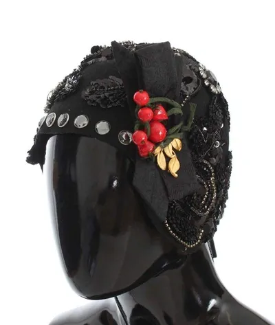 Dolce & Gabbana Black Crystal Gold Cherries Brooch Hat